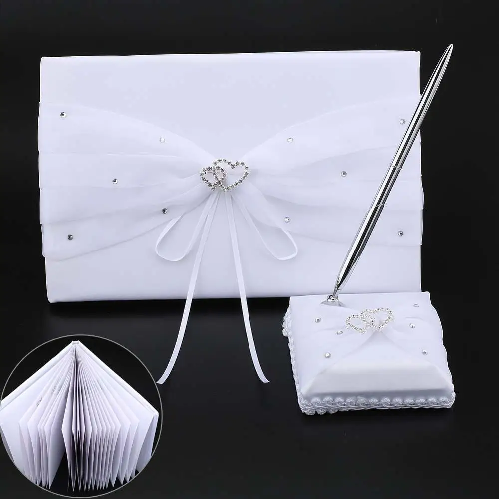 

Wedding Signature Guest Books Double Heart Diamante Embellished Satin Event Party Guestbook with Pen Stand Wedding Accessories