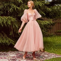 janevini 2020 elegant long prom dresses with puffy sleeves strapless dot tulle a line ankle length plus size women party dress