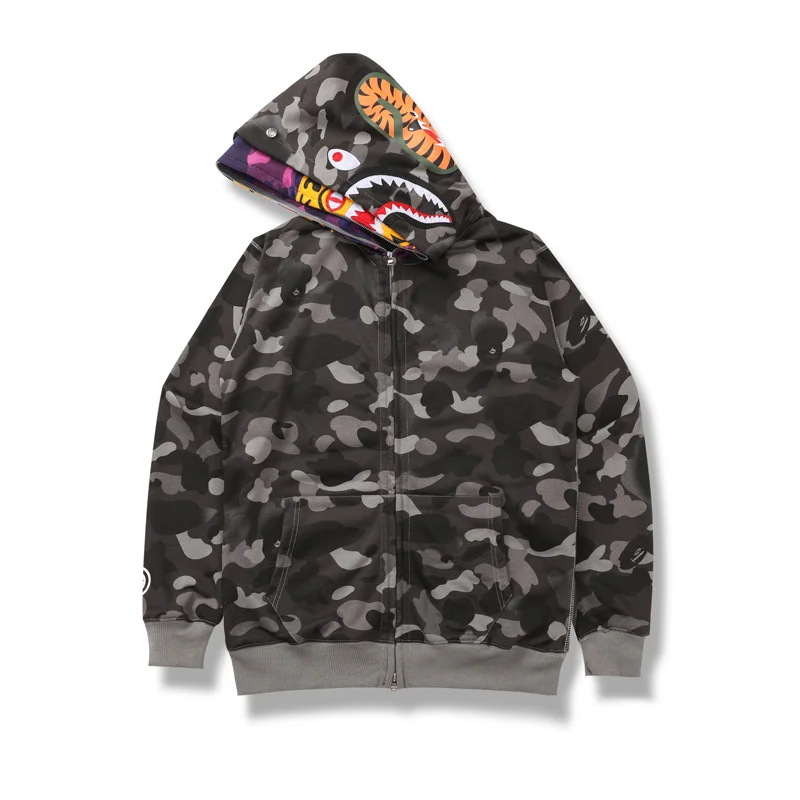

Camouflage BAPE Shark Tiger Double Hood Zipper Sweatshirt Black M-XXL