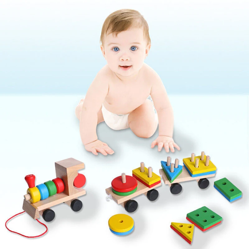 

New 2019 Kids Baby Developmental Toys Wooden Train Truck Set Geometric Blocks Wonderful Gift Toy