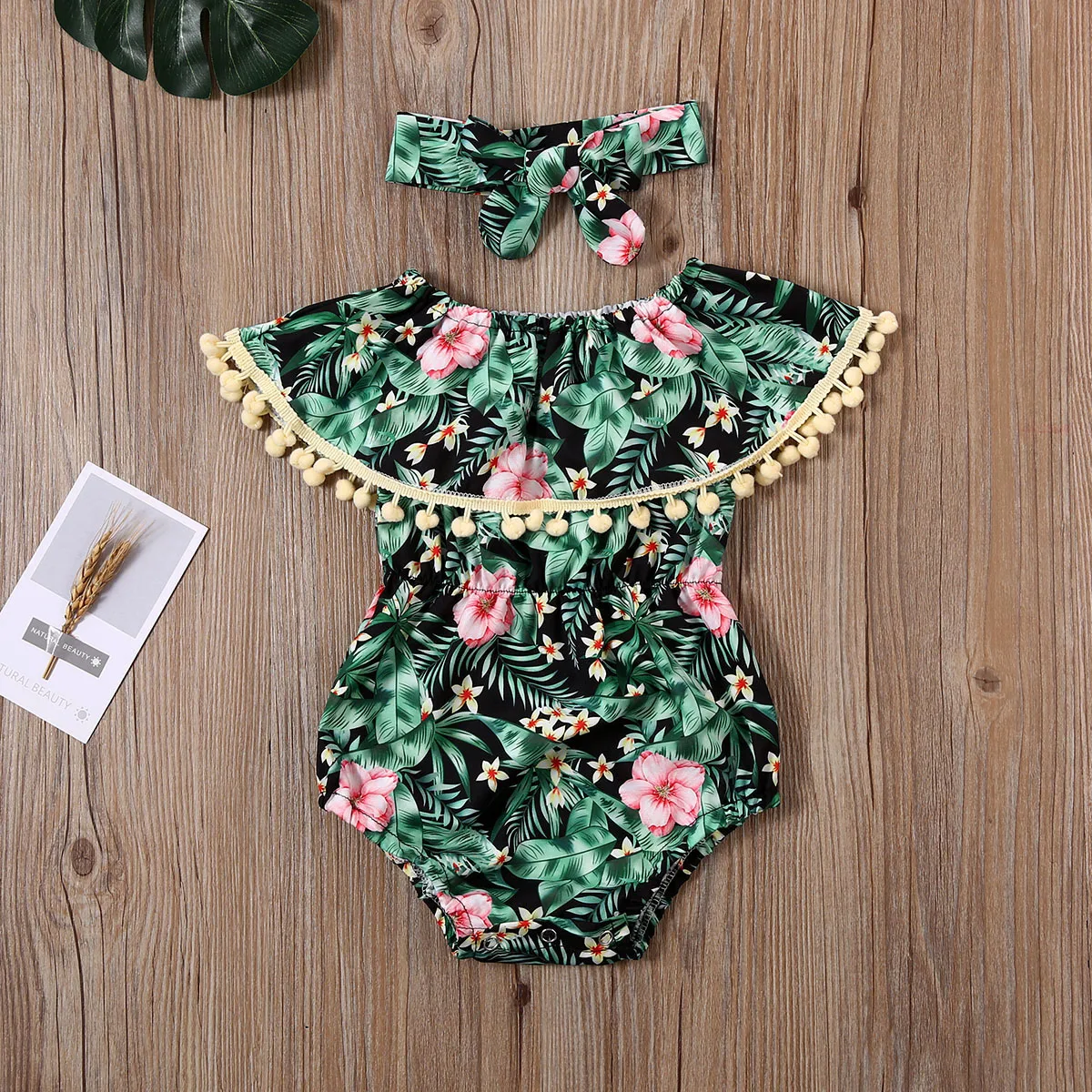 

2020 Baby Summer Clothing Infant Newborn Baby Girls Elastic Waist Slim Bodysuits Flowers Tassels Jumpsuits + Headband