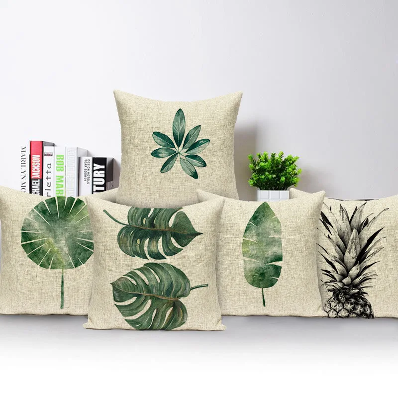 

45*45cm Small Fresh Plants Cushion Covers Linen Pillowcase Palm Green Leaves Decorative Pillow for Car Sofa