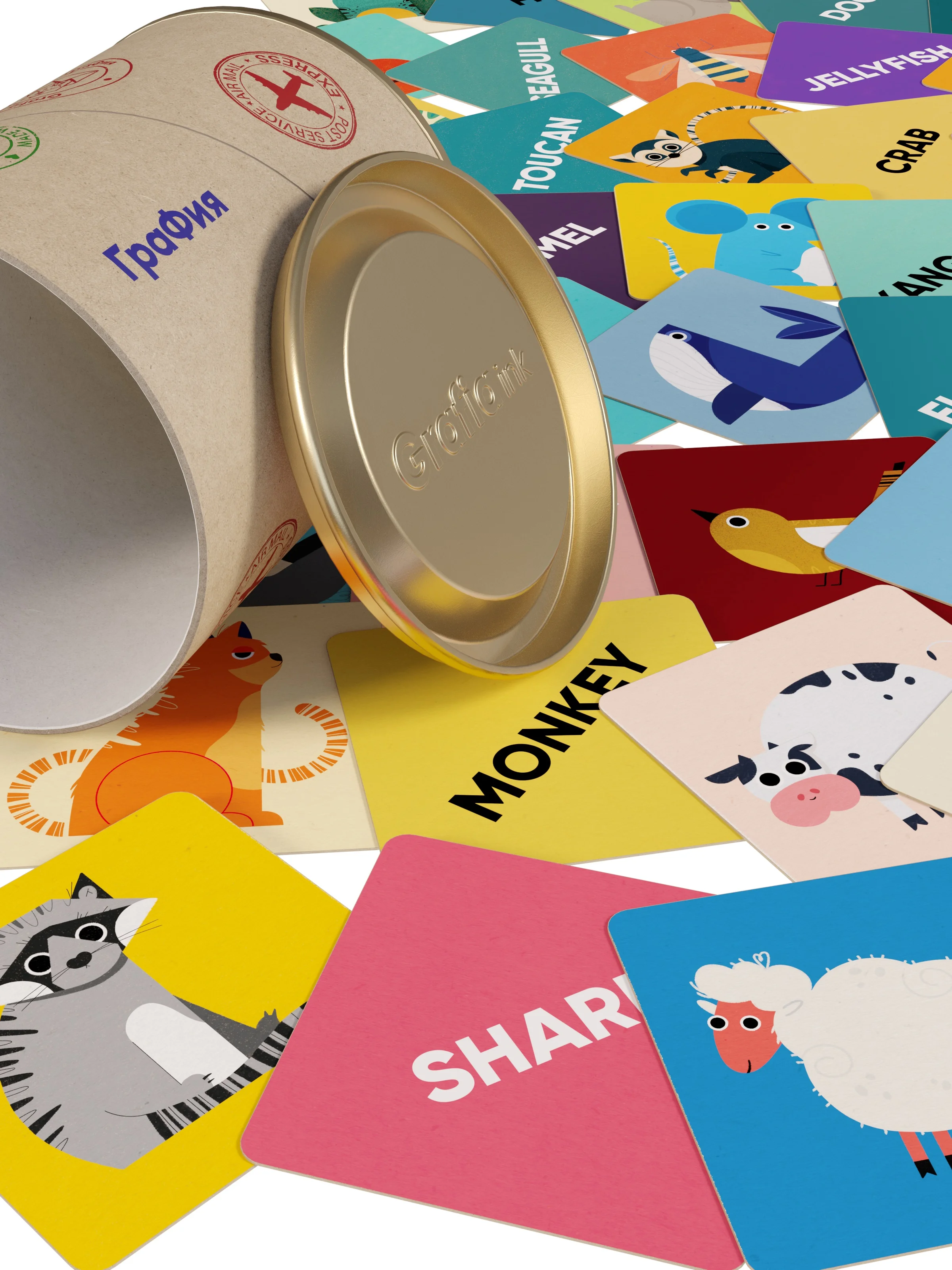Learning Flashcards English for Children Grafia.ink Preschool Education Study Reading Eng Words Zoo Animals 48pc Cards in cardboard tube-box |