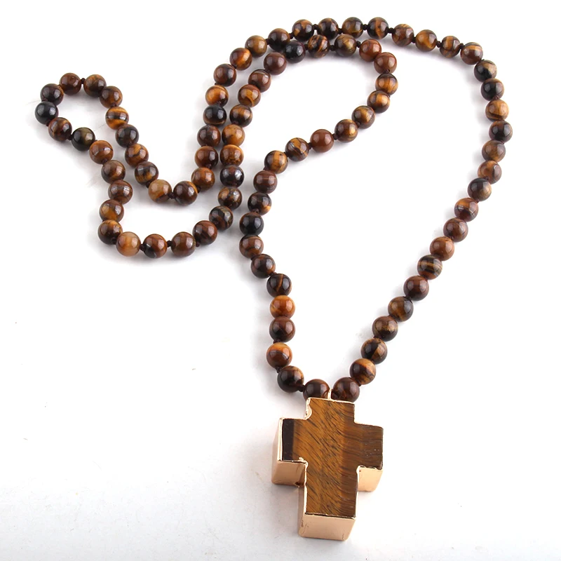 Rh Mode Kralen Sieraden Tiger Eye Stones Lange Geknoopt Semi Precious Tijgeroog Cross Hanger Kettingen Rh Mode Kralen Sieraden Tiger Eye Stones Lange Geknoopt Semi Precious Tijgeroog Cross Hanger Kettingen