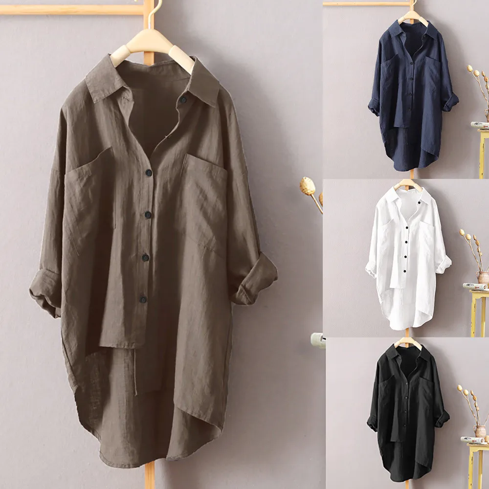 

Льняная рубашка, Женская Осенняя рабочая одежда с длинным рукавом, белая рубашка, льняная блузка, женская блузка, женские рубашки с карманом...