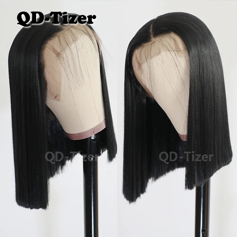 QD-Tizer Short Bob Black Color Synthetic Lace Front Wig Glueless Heat Resistant Synthetic Lace Wigs For Women