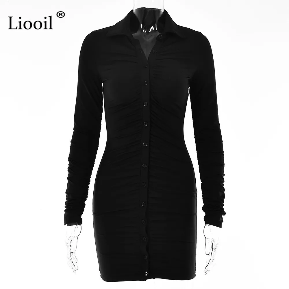 

Liooil Cardigan Button Up Ruched Bodycon Mini Dress Women Streetwear Long Sleeve Turndown Collar Black Sexy Draped Tight Dresses