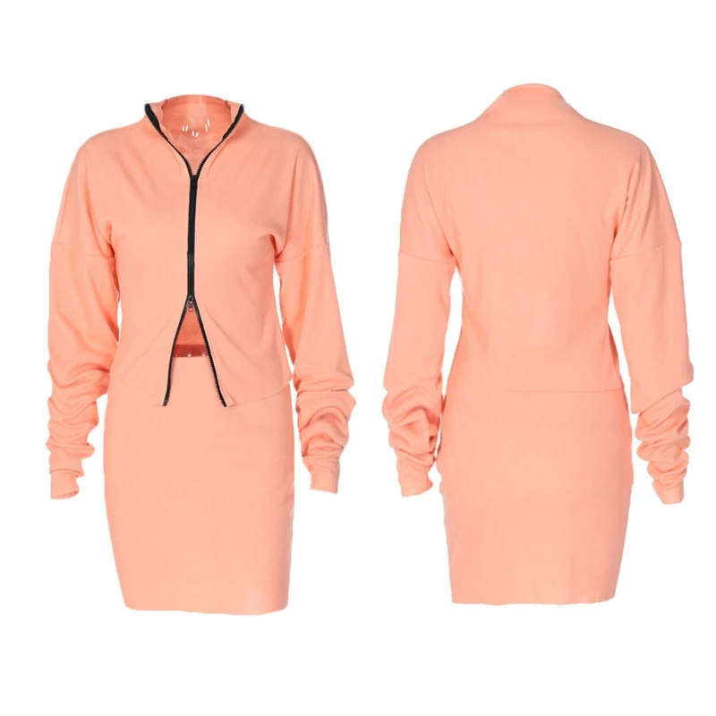 

Women Ribbed Knit Solid Outfit Long Sleeve Turtleneck Zipper Top Bodycon Skirt