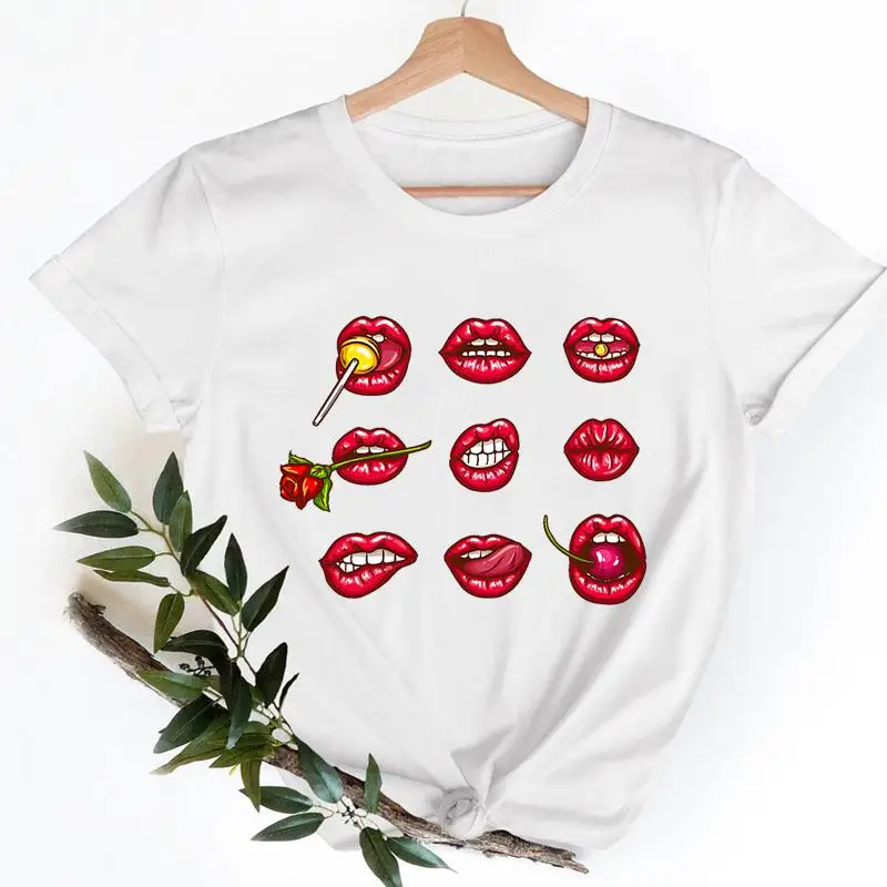 

Женские сексуальные Забавные футболки с губами и цветами, женская модная повседневная одежда, мультяшная одежда, женская футболка с коротк...