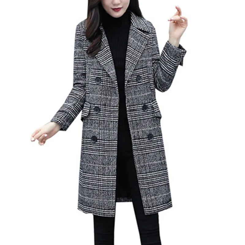 

Fashion Warm 2021 New Winter Slim Houndstooth Loose Woolen Jacket Women's Mid-length Hepburn Coat Pockets Turn-down Collar