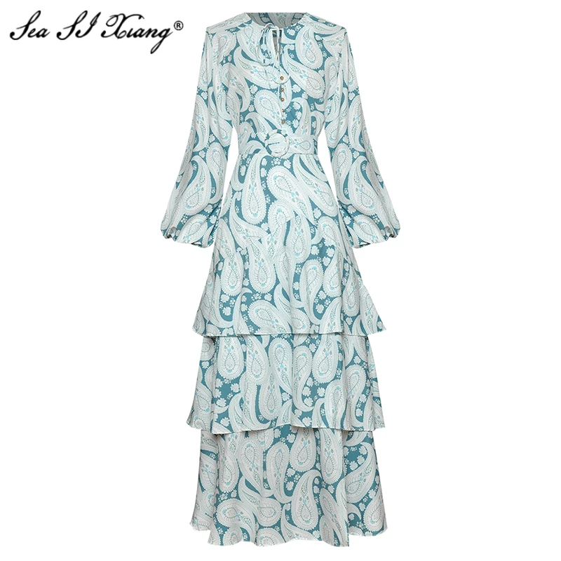 

Seasixiang Fashion Designer Summer Suit Women Single Breasted Lantern Sleeve Loose Tops+ Cascading Ruffle Maxi Skirt Print Sets