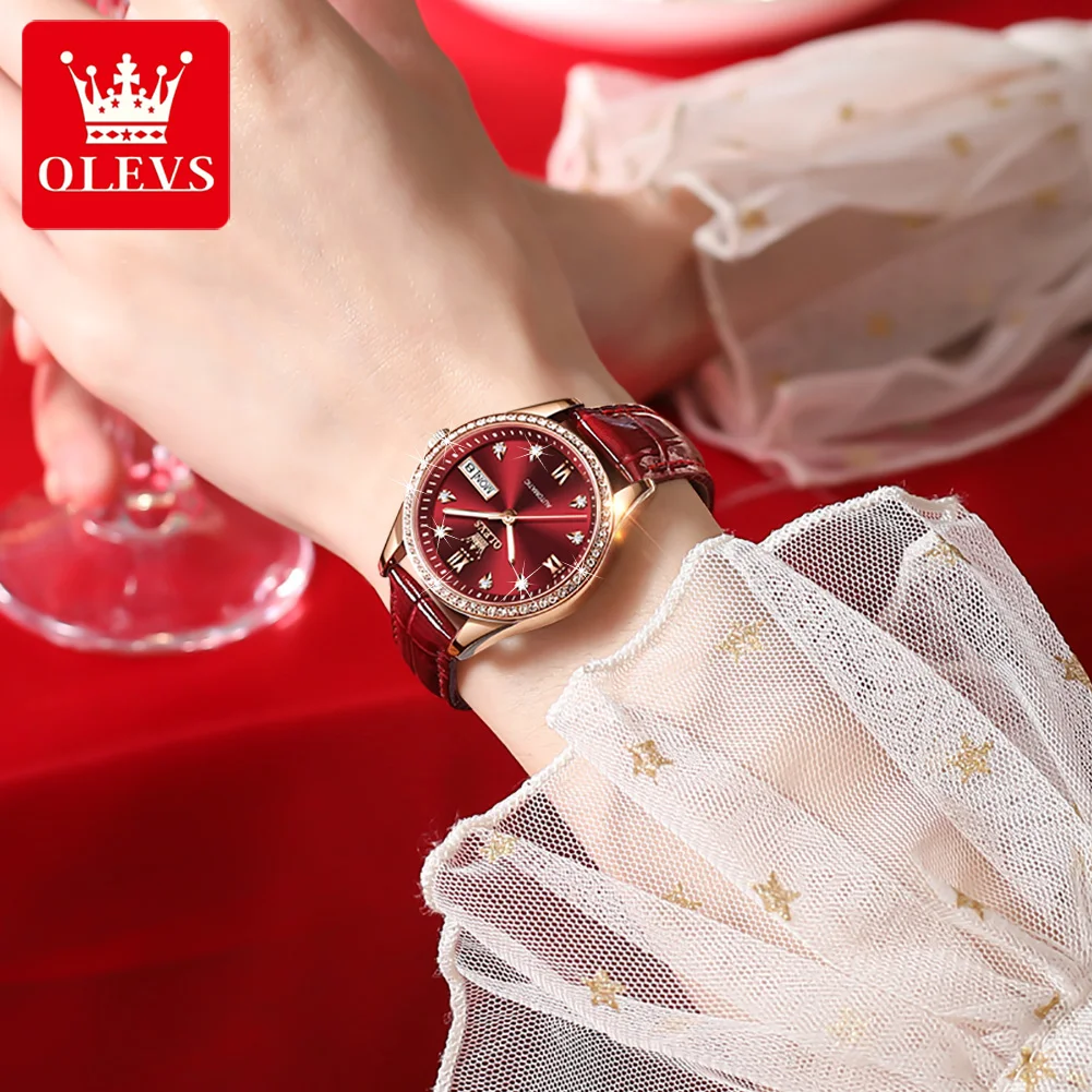 OLEVS Women Watches Luxury Brand Ultra-thin Calendar Week Mechanical Watches Ladies Leather Strap Waterproof Gift reloj muje+Box enlarge