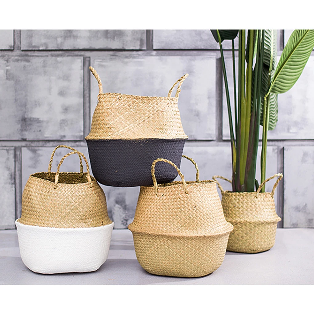 

Seaweed Wicker Basket Manual Woven Shopping Basket Plant Flowerpot Foldable Handmade Dirty Laundry Basket Storage Organizer