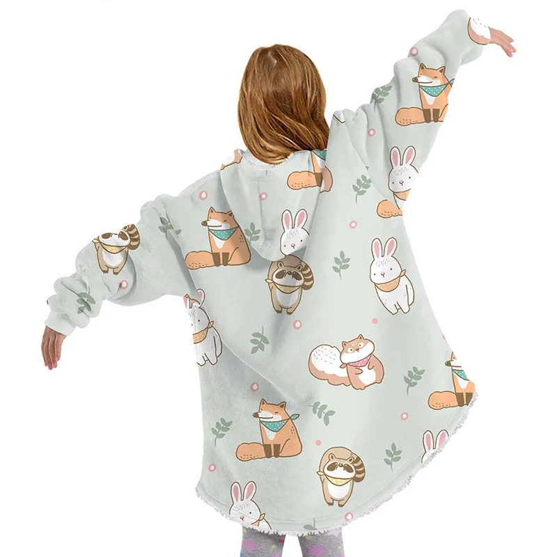 

Children's average size Dog digital printing mink fleece wearable blanket hooded Pullover loose blanket parent child sweater