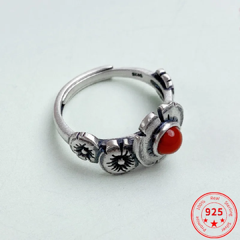 

Trendy S925 Sterling Silver Charm Ring 2022 Popular Fashion Retro Jewel Flower Adjustable Pure Argentum Jewelry for Women Lover