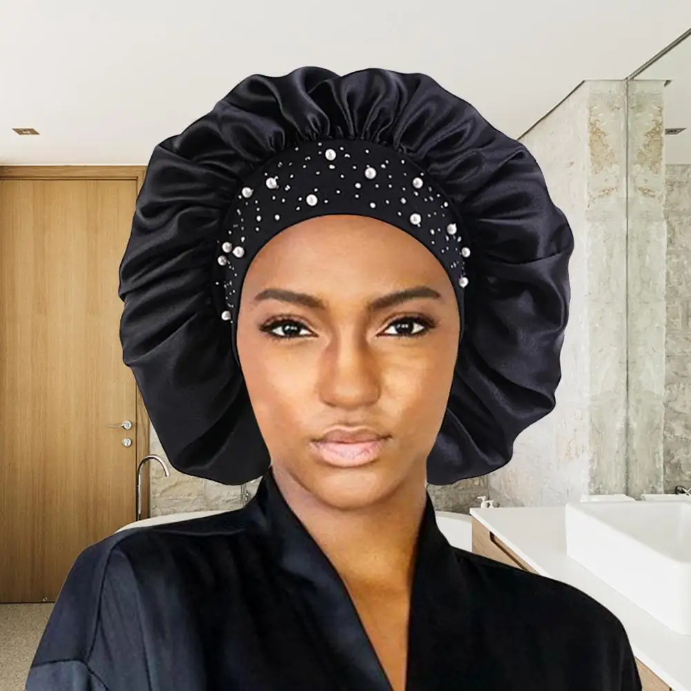 

1Pcs Night Cap Skin-friendly Breathable Fabric Rhinestone Women Sleeping Hat for Travel Thick Shower Cap Bathroom Accessories