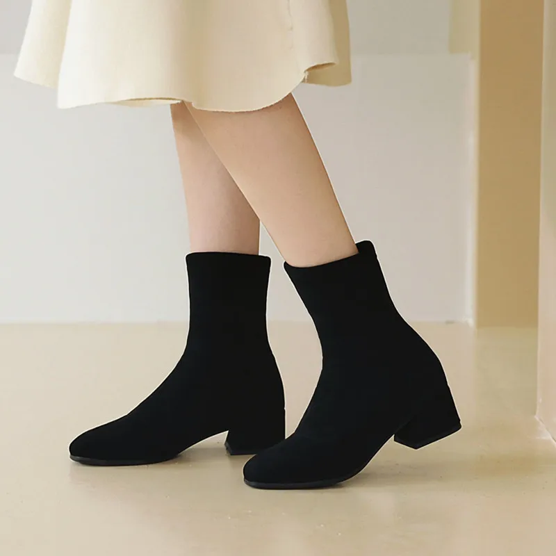 

Women's Boots Square Toe Elastic Ankle Boots Thick Heel High Heels Shoes Woman New Winter Female Socks Boots Plus size 33-43