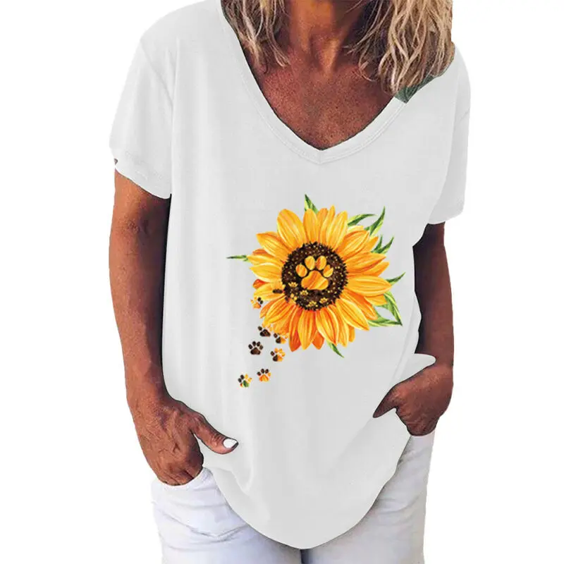 

VICABO Flower Tshirts Women Short Sleeve V Neck Sunflower Women Clothing Print T-Shirt Casual Loose Female Tops