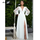 Женское свадебное платье с разрезом, белое шифоновое кружевное платье с длинными рукавами и V-образным вырезом