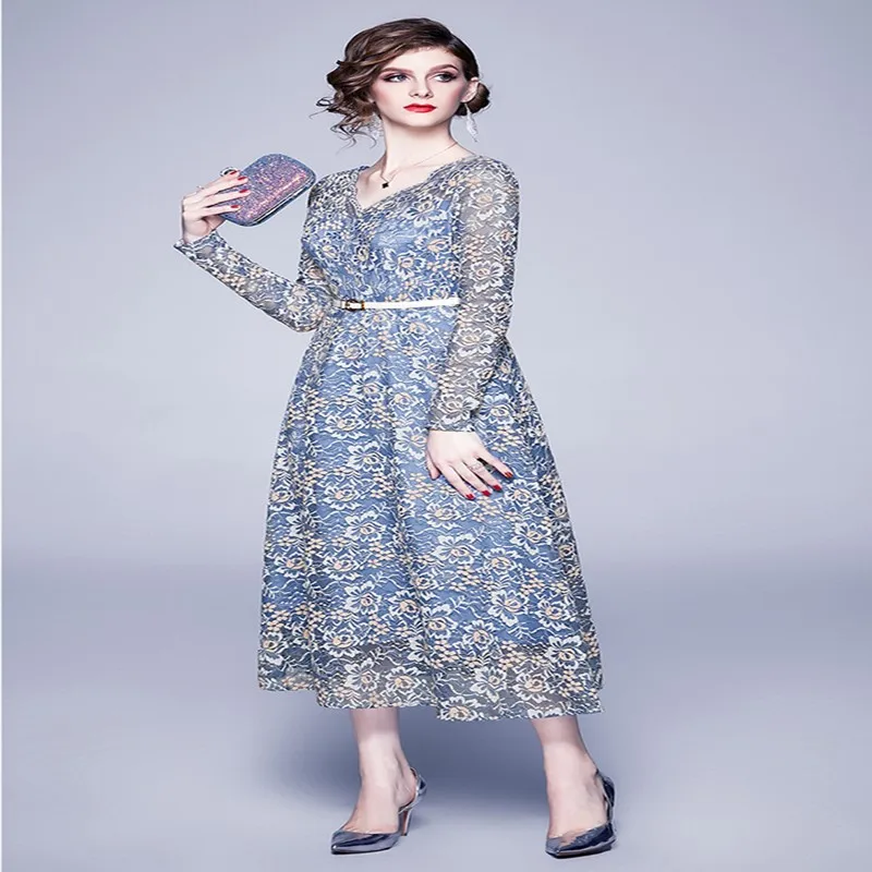 Женское ажурное платье элегантное винтажное кружевное с широкой юбкой весна 2019 |