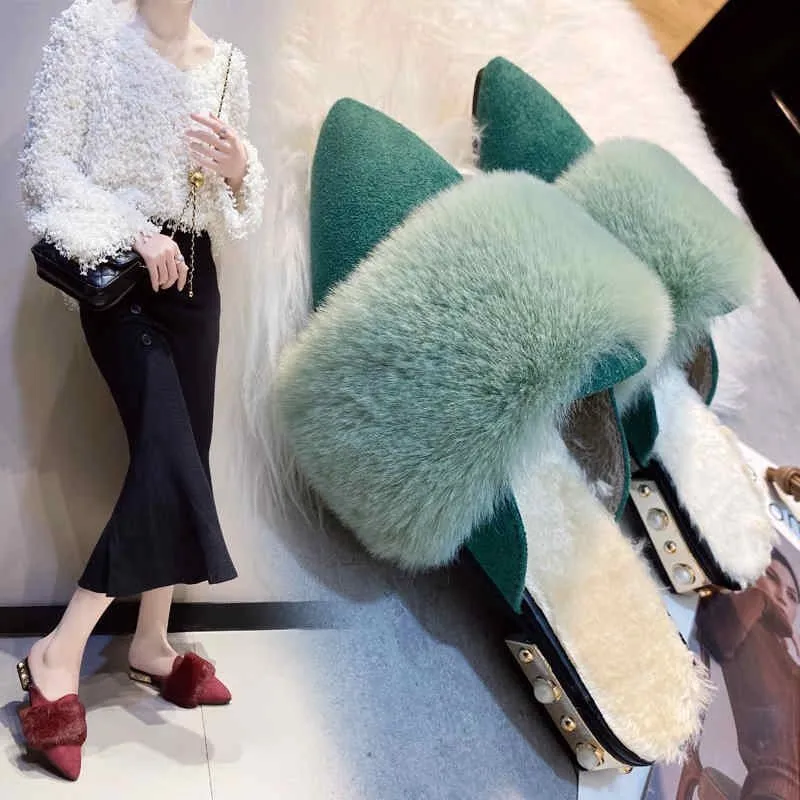 

Women's Slippers, Women's Mule Slippers, Women's Low-top Luxury Slippers, Flocking Fur, Home Cotton Slippers Ytmtloy