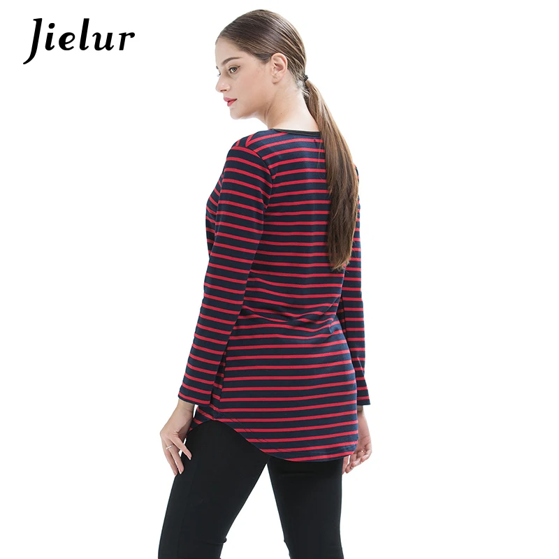 Jielur 2021 Spring Plus Size Black Red Long-sleeved Women's T-shirts Striped V-neck Simple Girl T-shirt Fashion Loose Tops S-4XL | Женская