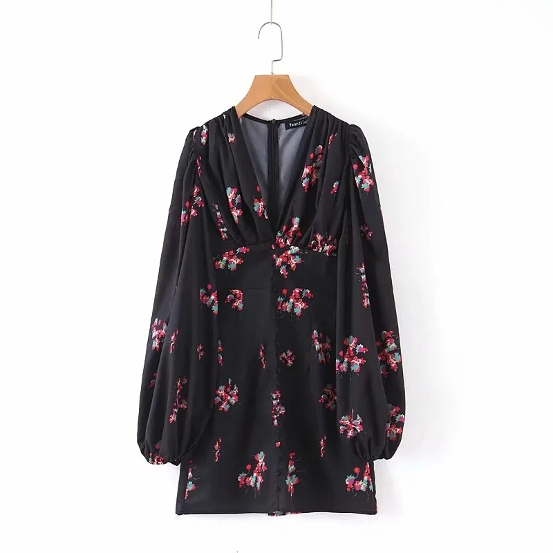 2019 Autumn Long Lanterns Leeve Black Floral Print Red V Neck Short Mini Slim Bodycon Dress Women MH117 | Женская одежда