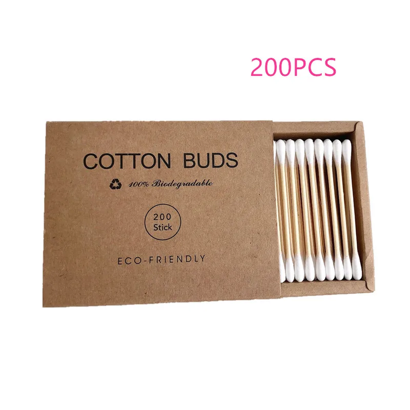 white-200pcs 100/200 шт ватные палочки с двойной головкой, бамбуковые ватные палочки, деревянные палочки, одноразовые палочки, хлопок для красоты, макияж, чистка ушей в носу - Цвет: white-200pcs
