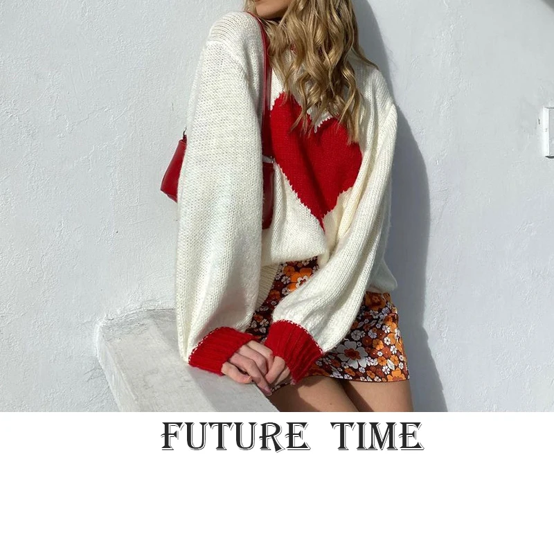 

Heart Print Knitted Sweater Top Women Oversized White O-Neck Casual Autumn Winter Long Sleeve Y2K Pullover Fashion Vintage SS997