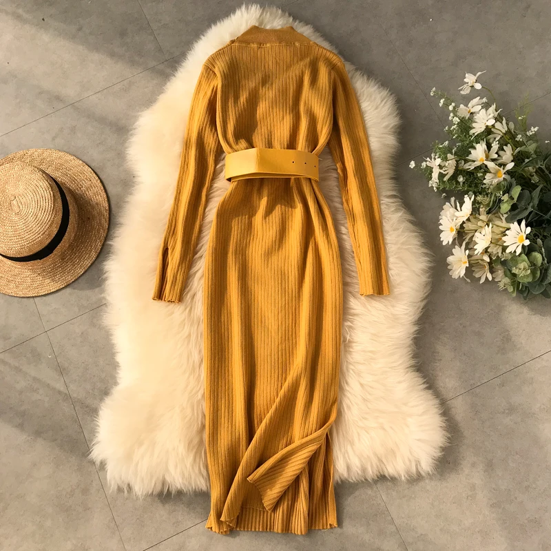 Женское однотонное платье свитер с воротником стойкой узкий вязаный элегантное