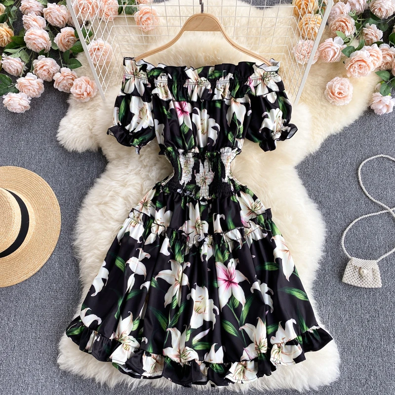 

2021 New Summer Sexy Club Off Shoulder Vestidos Puff Sleeve Women's Fashion Print Holiday Mini Short Party Dresses