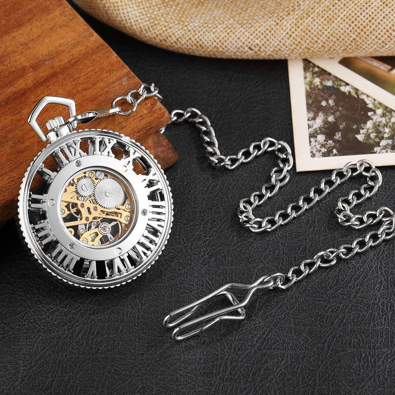 

Vintage Big Roman Numerals Hollow Mechanical Pocket Watch Necklace Luxury Gold Silver Fob Hand Watch For Women Men Witch Chain