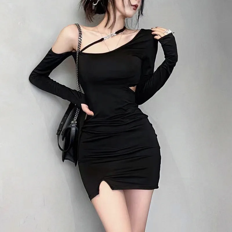 

sukienka women black mini dress sexy inclined shoulder full sleeve autumn bodycon dress hollow out high waist kpop dress vestido