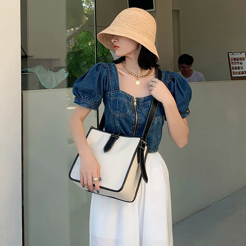

Tote Simplicity Female fashion Color contrast Genuine Leather Shoulder Bags Simplicity canvas Broadband messenger bag handmade