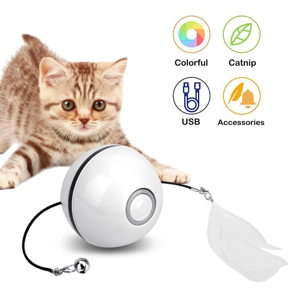 

USB Rechargeable Interactive Catnip Cat Toys Ball Self Rotating Colorful Led Feather Bells Toys for Cats Kitten Automatic Smart