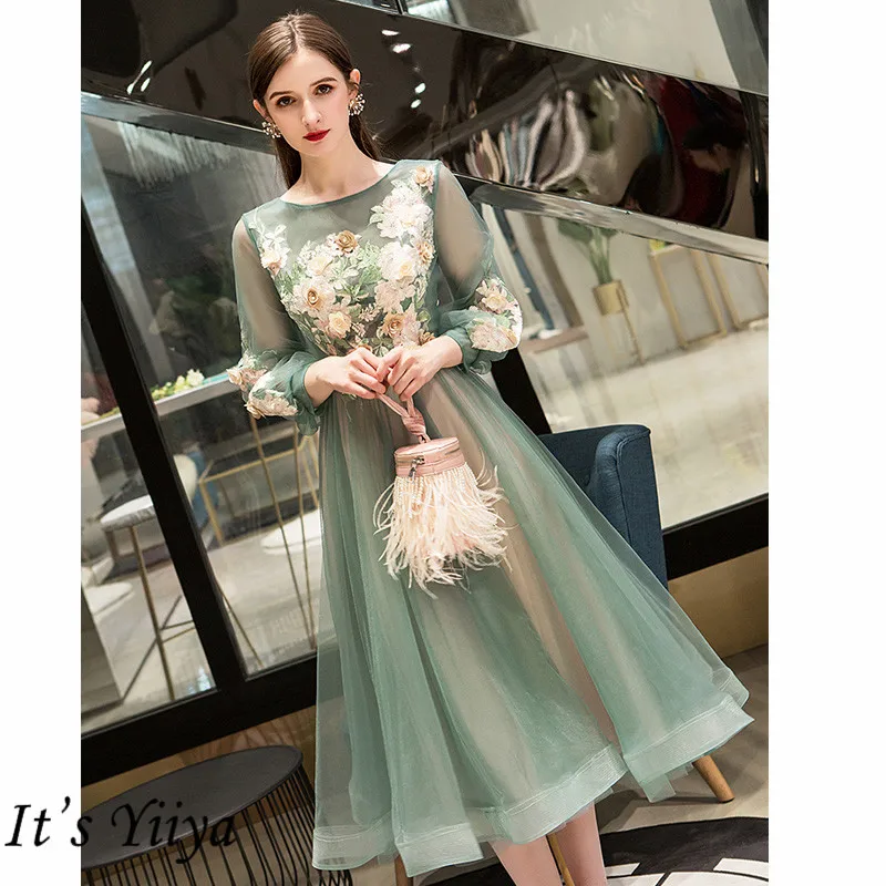 It's Yiiya Evening Dress Elegant O-Neck Appliques Plus Size Robe De Soiree Applieus Women Party Night Dresses E773