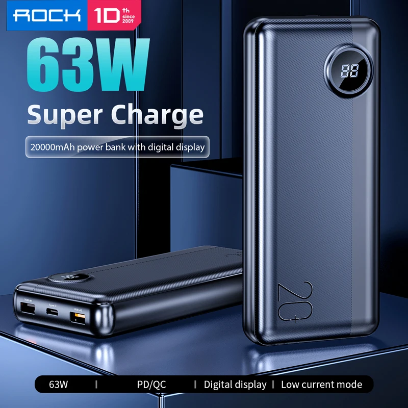 ROCK 20000 мАч Power Bank со светодиодным цифровым дисплеем 63 Вт PD QC3.0 быстрая портативное