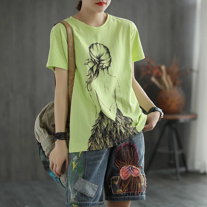 

2021 Summer Loose Fitting Pullover Short Sleeve Cotton T-shirt Female Sexy Lady Printing Round Neck Tops Tees For Women