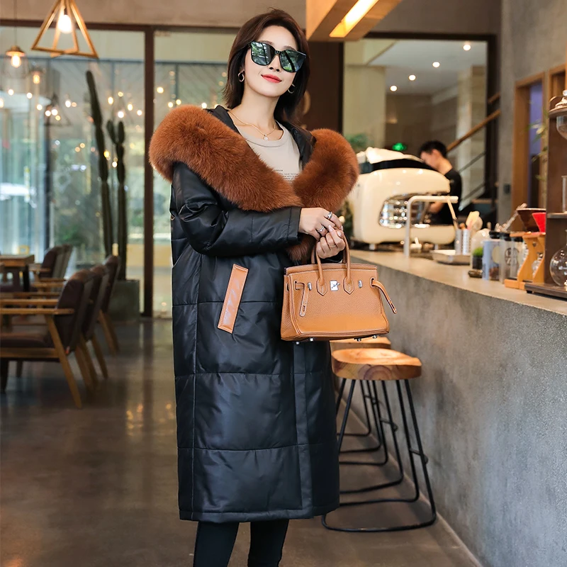 Женский пуховик из натуральной кожи с воротником лисьего меха ZT4753|Кожаные