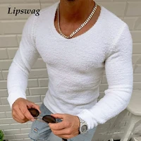 autumn casual long sleeve v neck t shirts men fashion solid knitted tee 2021 autumn fashion mens fleece tops pullover streetwear
