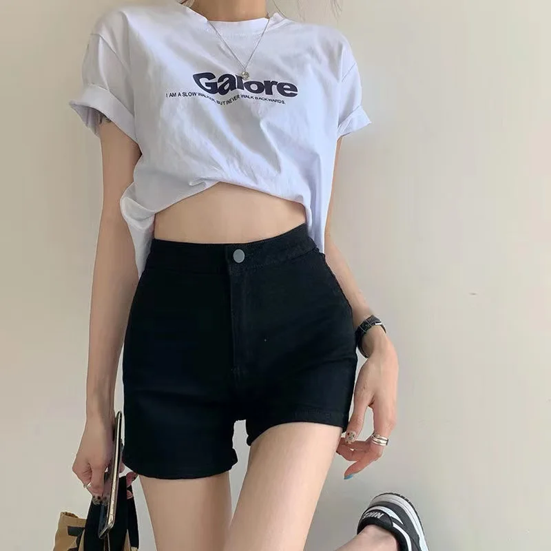 

Новинка весна-лето 2021, черные свободные прямые тонкие эластичные джинсовые короткие брюки с запахом на бедрах, модные женские брюки