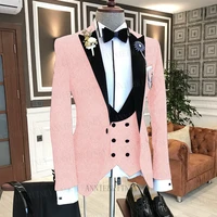 new business pink suit men 3 pieces jacquard jacket fashion groom wedding suit tuxedo blazer double breasted vest with pants set