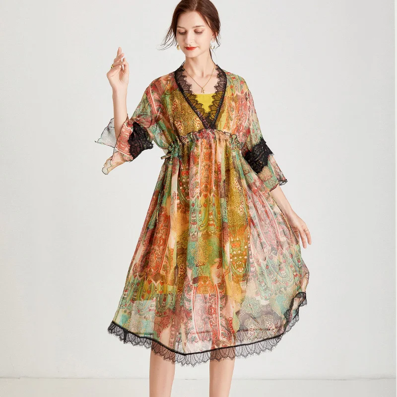

Bohemian Loose A Line Floral Print Dress Summer 2021 Women V Neck Flare Sleeve Beach Fashion Chiffon Oversized Dresses Female