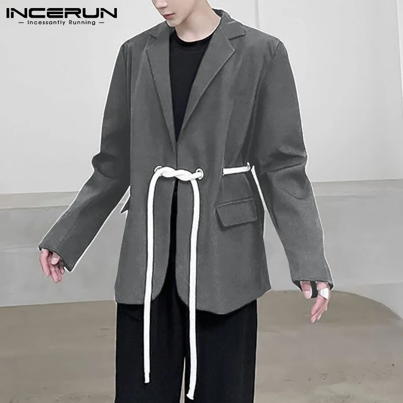 

Модные топы INCERUN, новые мужские корейские Стильные черные Дизайнерские однотонные свободные Костюмные куртки с удобной талией и шнуровкой, ...