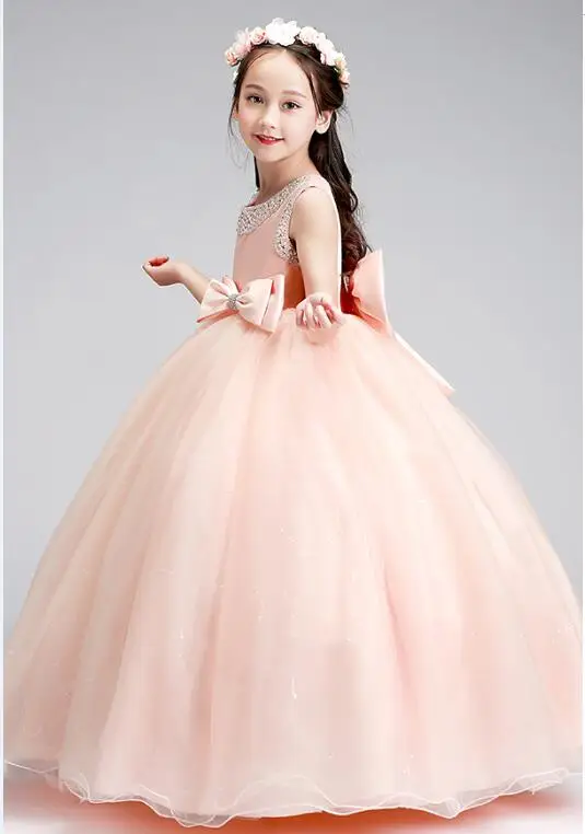 

Pink Lace Kids Bridesmaid Flower Girl Dresses for Party Wedding Beads Bow Long Tulle Pageant Princess Kids First Communion Gown
