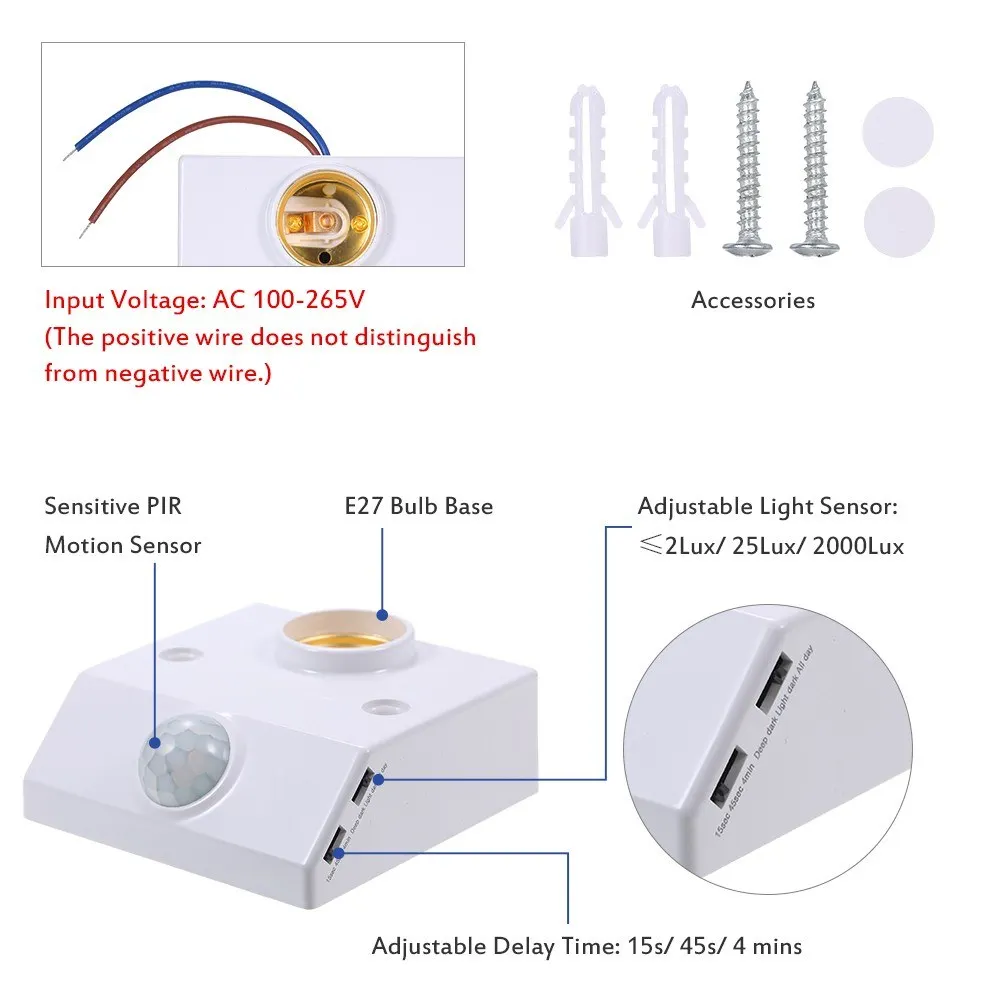 

AC100-265V 50W(Max.) Mini PIR Motion Sensor E27 Lamp Base Socket Holder Adopted Sensitive 3 Levels Light Control / 3 Levels