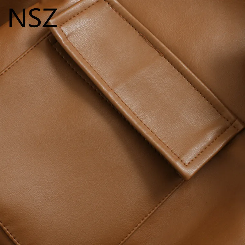 NSZ Женская однотонная куртка из искусственной кожи с длинным рукавом и карманом