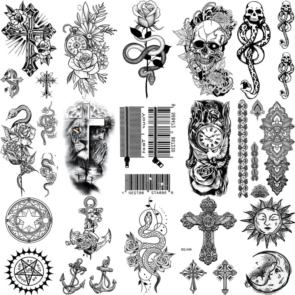 

Black QR Code Skull Cross Temporary Tattoos For Women Adult Men Mandala Flower Anchor Snake Fake Tattoo Fashion Washable Tatoos