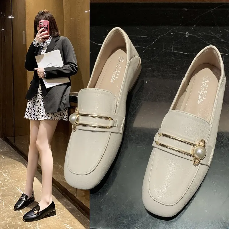 

2021 Spring Female Slip On Flat Shoes Woman Loafers Black Square Toe Mules Low Heels Metal Pearl Loafer Ladies Boat Shoes