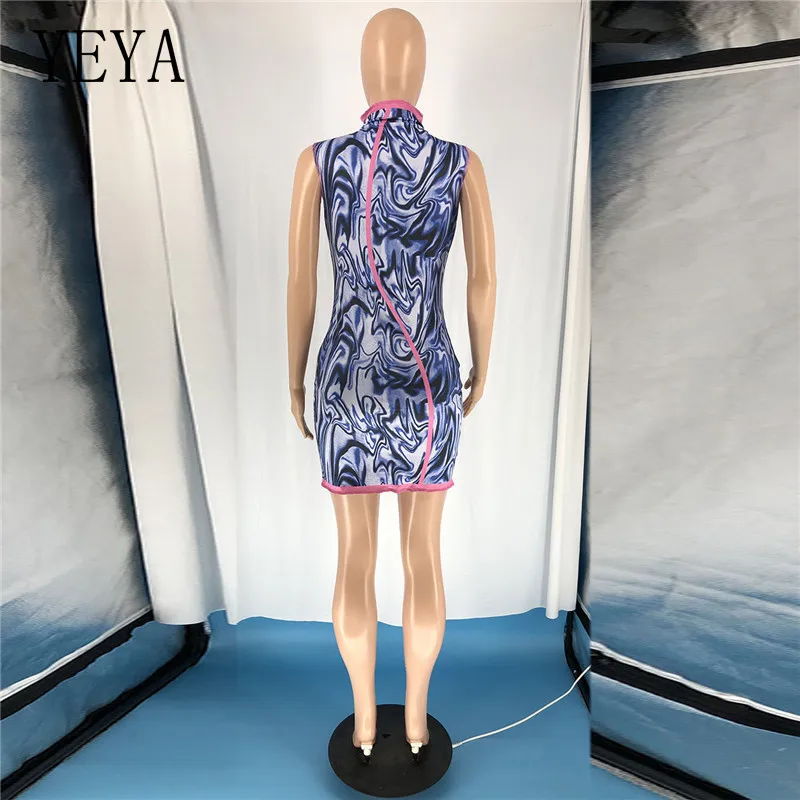

YEYA Patchwork Print Mini Pencil Dresses Turtleneck Off Shoulder Hole Hollow Out Sleeveless Bag Hip Vintage Nightclub Bodycon